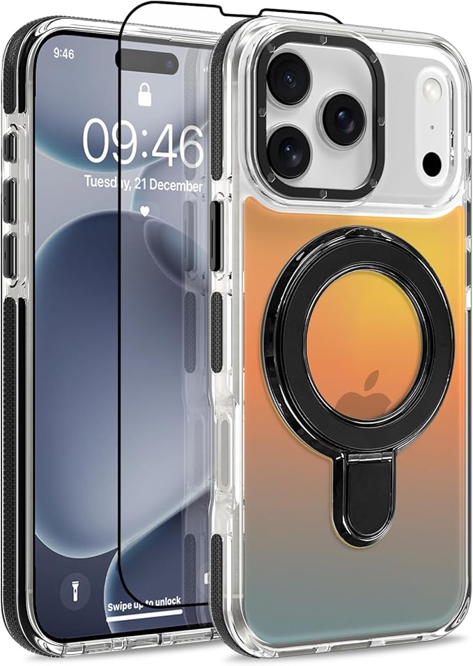 MOWIME Magnetic for iPhone 17 Pro Case with Stand [Compatible with Magsafe] [Cute Fashion Fluorescent Design] [1 Screen Protector] Slim Translucent Matte Case for iPhone 17 Pro 6.3" 2025, Black