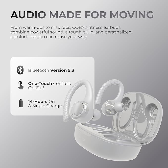 Coby True Wireless Bluetooth Earbuds, Interchangeable Ear Hooks and Tips, Multi-Sized Ear Gels, Sweat-Resistant Design, 14-Hour Play Time, Drop-Proof Case, White