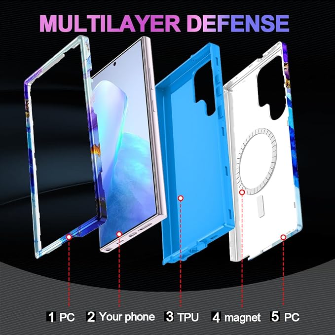 Casetego for Galaxy S23 Ultra Case,Compatible with MagSafe,[Military Grade Drop Test] Full Body Protection Slim Shockproof Rugged Marble Women Case for Samsung Galaxy S23 Ultra 6.8 inch,Azure Blue