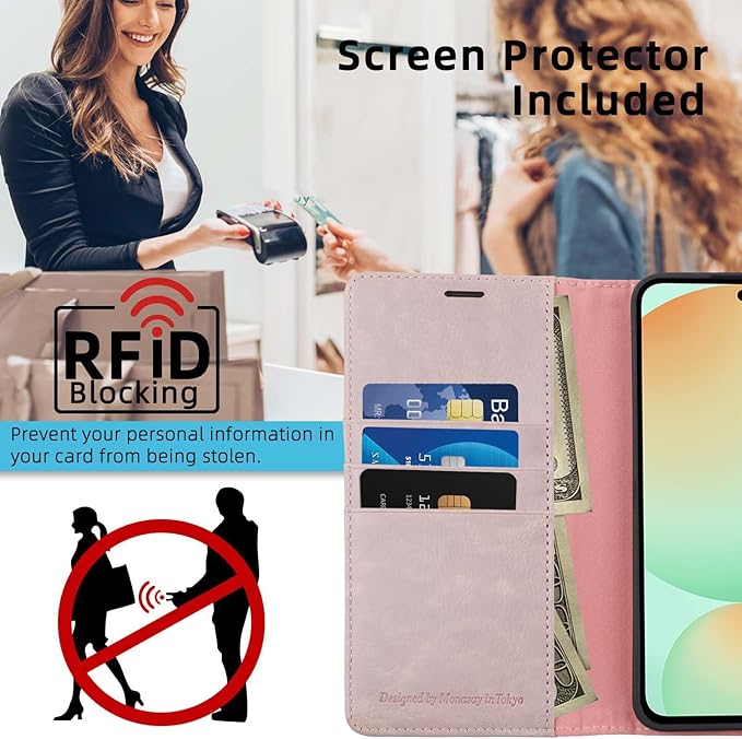 MONASAY Wallet Case Fit for Samsung Galaxy S24 FE 6.1 inch 5G,[RFID Blocking] Flip Folio Leather Cell Phone Cover with Credit Card Holder, Pinksand