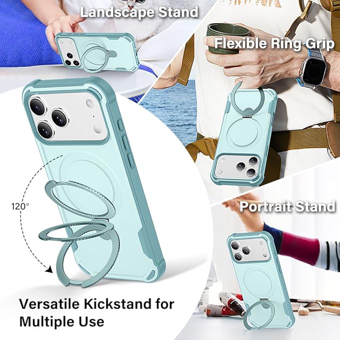 Designed for iPhone 17 Pro Max Case with Magnetic Stand [Military Drop Protection][Compatible with Magnet] Shockproof 17 Pro Max Phone Case with Ring Holder, Green