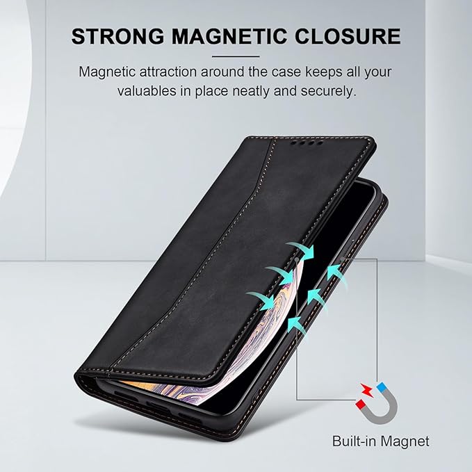 Jasonyu Flip Wallet Case for iPhone Xs Max,Leather Magnetic Folio Cover with Card Holder,Kickstand - TPU Shockproof Durable Protective Phone Case,Black