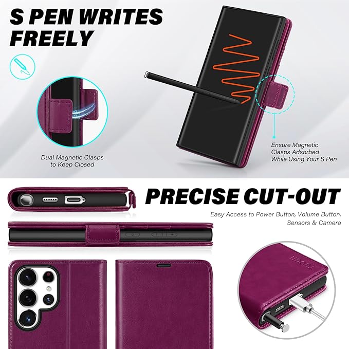 TUCCH Case Wallet for Galaxy S25 Ultra, Kickstand [RFID Blocking] Card Holder, Folio Magnetic PU Leather [TPU Shockproof Interior Case] Protective Cover Compatible with Galaxy S25 Ultra, Plum Purple