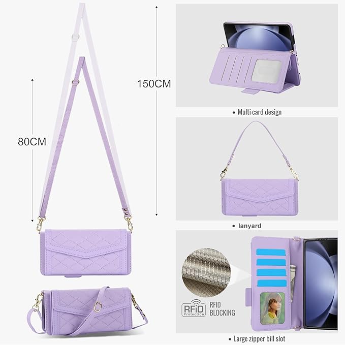 for Samsung Galaxy Z Fold 7 Wallet Case - Stitching Pattern RFID Blocking Card Holder, S Pen Slot Crossbody Strap, Full Body Protection Flip Cover for Women Purple