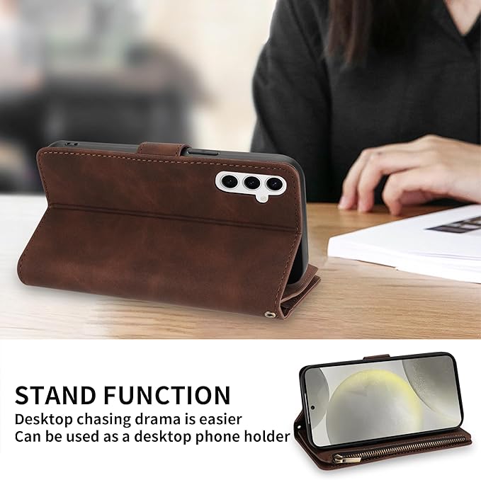 ZZXX for Samsung Galaxy S24 Wallet Case with RFID Blocking Card Slot PU Leather Zipper Flip Folio with Strap Kickstand Protective Cover for Samsung Galaxy S24 Case Wallet(Coffee-6.2 inch)