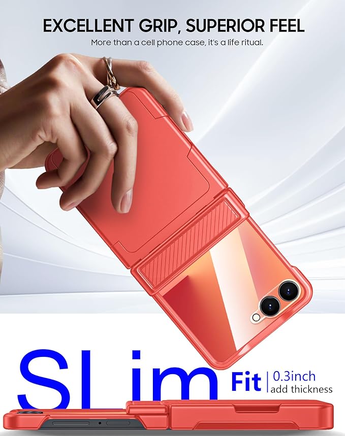 CENMASO for Samsung Galaxy Z Flip 7 Case with Card Holder [RFID Blocking] & Hinge Protection & HD Screen Protector, Rugged Anti-Scratch Full-Body Shockproof Phone Case for Z Flip 7-Coral Red