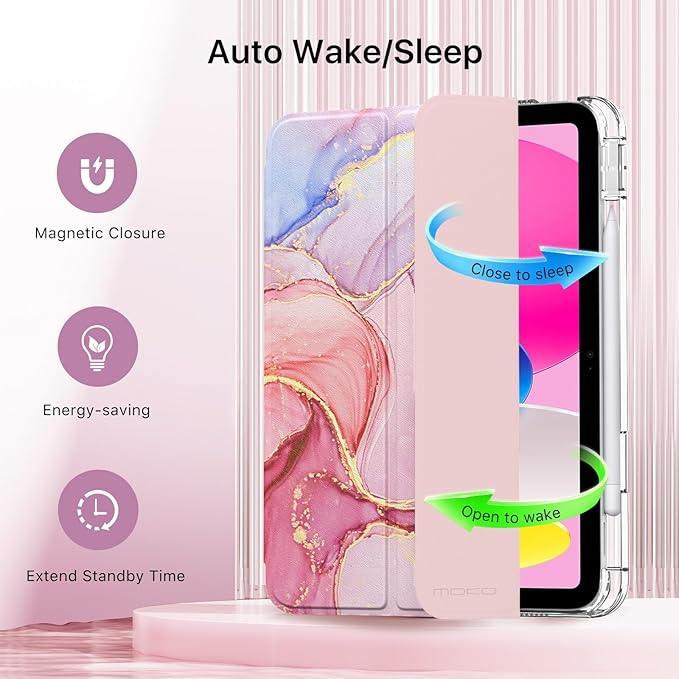 MoKo for iPad (A16) 11th Generation Case 11 Inch 2025, iPad 10th Gen Case 10.9 Inch 2022 with Pencil Holder, Slim Light Trifold Protective Cover with Hard PC Transparent Back Shell, Light Pink Marble