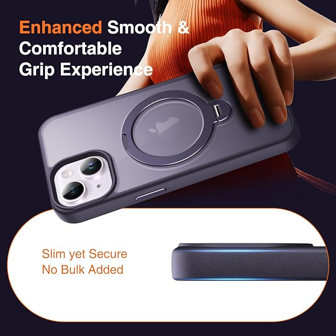 360° O-Ring MagStander for iPhone 15 Case with Magnetic Kickstand Ring Holder [Compatible with MagSafe][360°Rotate Stand Ring][Military Shockproof] Magnet iPhone 15 Phone Cover Matte Purple