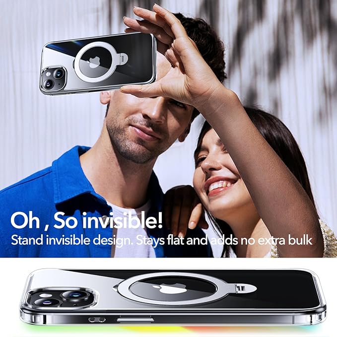 Anqrp 360° All-in-ONE Crystal Clear Case for iPhone 14/13 with Rotatable Magnetic Stand, Compatible with Mag-Safe, Anti-Yellowing Transparent MIL-Grade Shockproof Phone Case Cover for iPhone 14/13