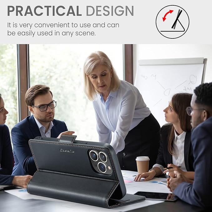 SINIANL iPhone 15 Pro Wallet Case with RFID Blocking, Magnetic Clasp, Kickstand, Leather Book Folio for Women & Men - Black