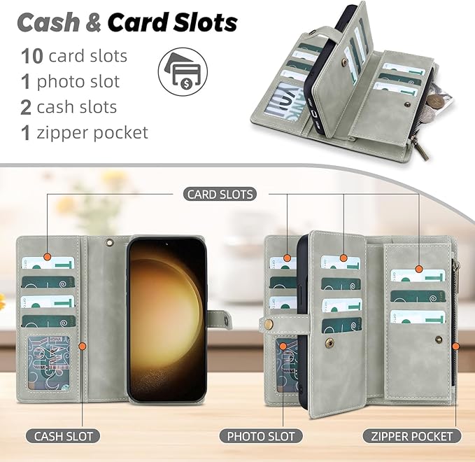 TwoHead for Samsung Galaxy S23 Plus Wallet Case with Card Holder,Detachable Magnetic Phone Case for Galaxy S23 Plus,PU Leather All-Round Protective Phone Cover Wallet with Strap(6.6 in,Gray)