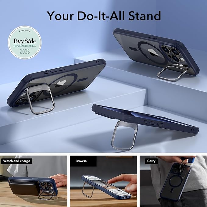ESR for iPhone 15 Pro Case, Compatible with MagSafe, Military-Grade Protective Case, Built-in Stash Stand Phone Case, Scratch-Resistant Back Cover, Classic Series, Clear Dark Blue