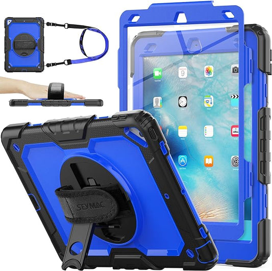 SEYMAC stock Case for iPad Air 3 2019 / Pro 10.5'' with Screen Protector Pen Holder [360° Rotate Hand Strap/Stand], Drop-Proof Case (Blue+Black)