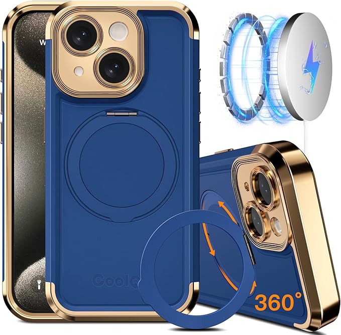 COOLQO for iPhone 14 Case 6.1'' Upgraded 360° Spin Magnetic Stand [Compatible with Magsafe][Military Grade Drop Protection] Shockproof Protective Phone Holder Cover for iPhone 14, Blue Gold