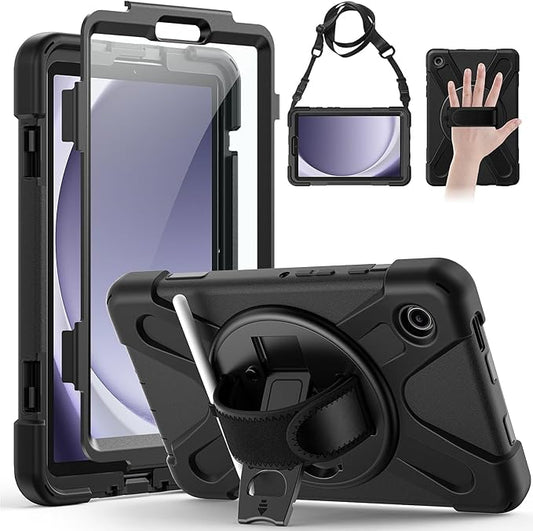 Gerutek Case for Samsung Galaxy Tab A9 Case 8.7" 2023, Full-Body Drop Protection Shockproof Cover with Screen Protector, 360° Rotating Stand, Hand/Shoulder Strap, Pencil Holder, Black