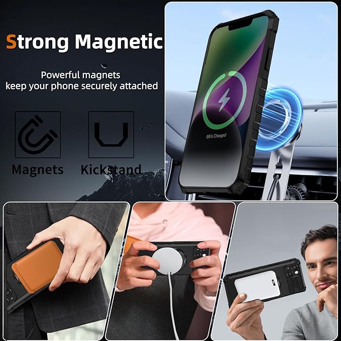 for iPhone 14 Case Compatible with MagSafe Magnetic,with 2 Tempered Glass Screen Protectors,Built-in 360°Kickstand Ring,Military Grade Drop Shockproof Heavy Duty Protection Phone Bumper Black