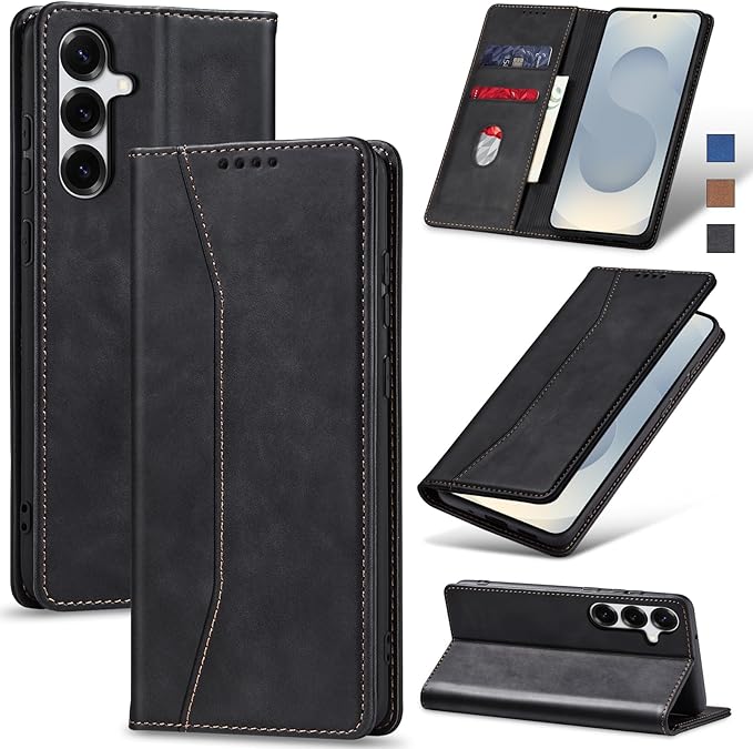 Jasonyu Flip Wallet Case for Samsung Galaxy S25 Plus/S25+,Leather Magnetic Folio Cover with Card Holder,Kickstand - TPU Shockproof Durable Protective Phone Case,Black
