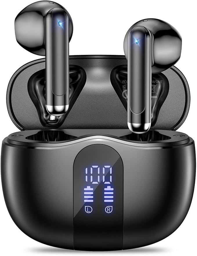Wireless Earbuds, 2025 Bluetooth 5.4 Bass Stereo Headphones with 4 ENC Mic, 50H Playback Ear Buds with Charging Case LED Display,Sport Earphones IPX7 Waterproof for Phone, Android, Pad, Black