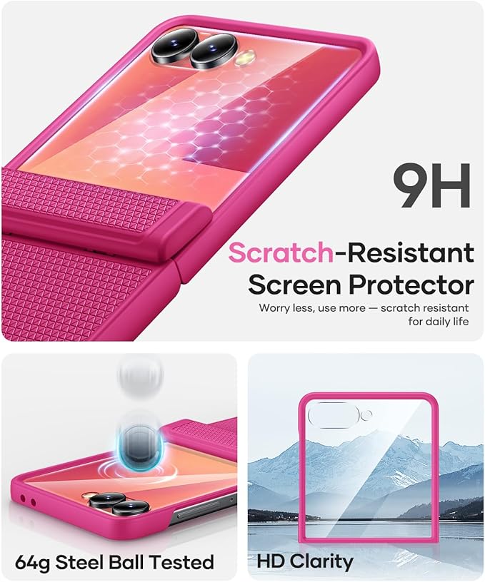 Vihibii for Samsung Galaxy Z Flip 7 Case Slim with Hinge Protection & Outer Screen Protector & Non-Slip Texture, Compatible with Wireless Charging, Shockproof Case for Galaxy Z Flip 7 2025, Hot Pink