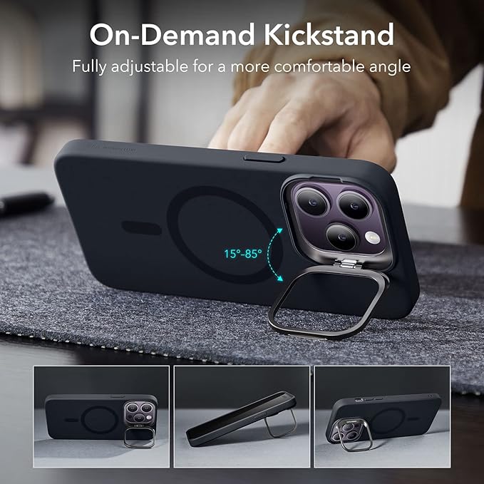 ESR for iPhone 14 Pro Max Case,Compatible with MagSafe Silicone Case with Stand, Military-Grade Protection, Built-in Camera Stash Stand, Magnetic Phone Case, Cloud Series,Black