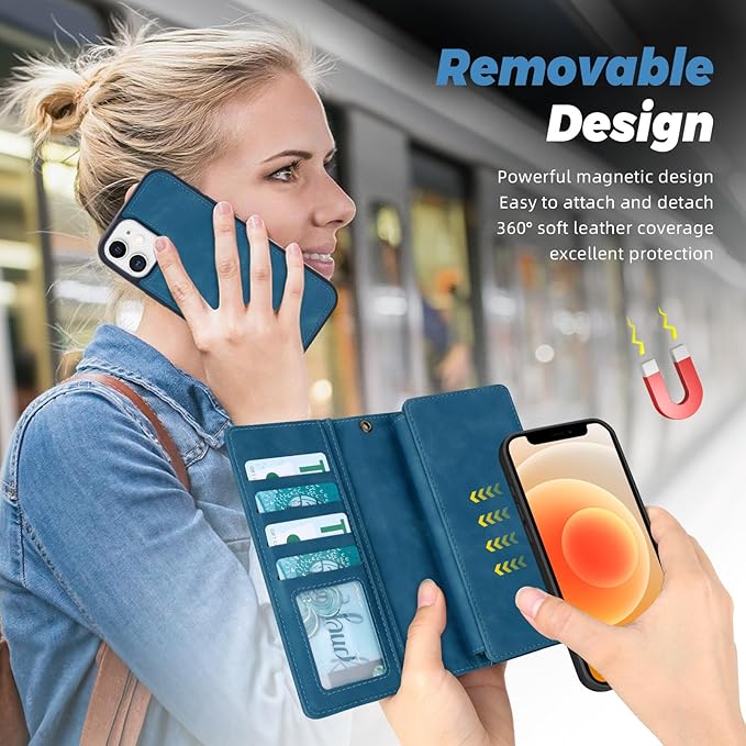 TwoHead for iPhone 12/12 Pro Wallet Case with Card Holder & Detachable Magnetic Phone Case,Leather All-Round Protection Phone Case for Women/Men,6.1IN,Navy Blue