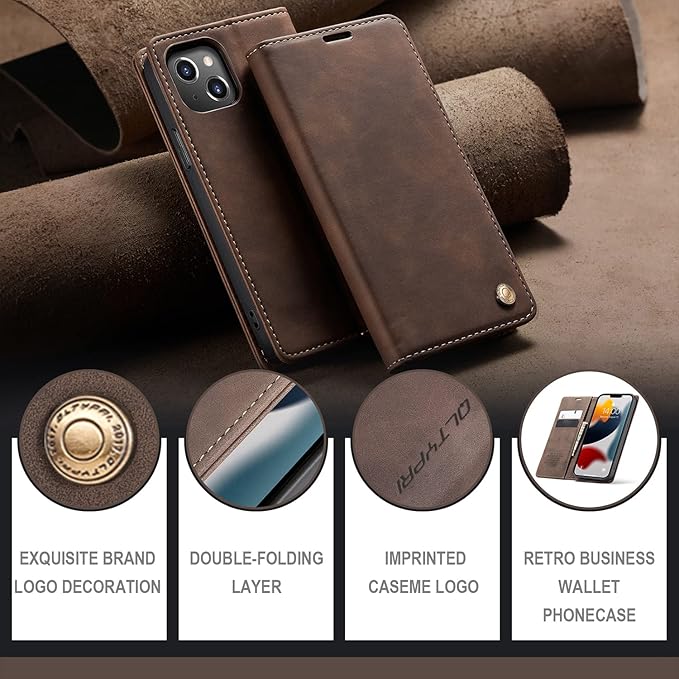 QLTYPRI Case for iPhone 14, Vintage PU Leather Wallet Case Card Slot Kickstand Magnetic Closure Shockproof Flip Folio Book Case Cover for iPhone 14(6.1 inch) - Coffee Brown