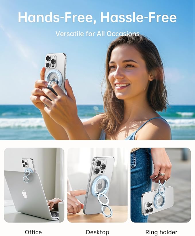 SYNCWIRE Magnetic Phone Ring Holder for MagSafe, 360° Rotation Dual Sided Magnet Grip Cell Phone Ring Stand Finger Kickstand Compatible with iPhone 16 15 14 13 12 Pro Max fits MagSafe - Blue