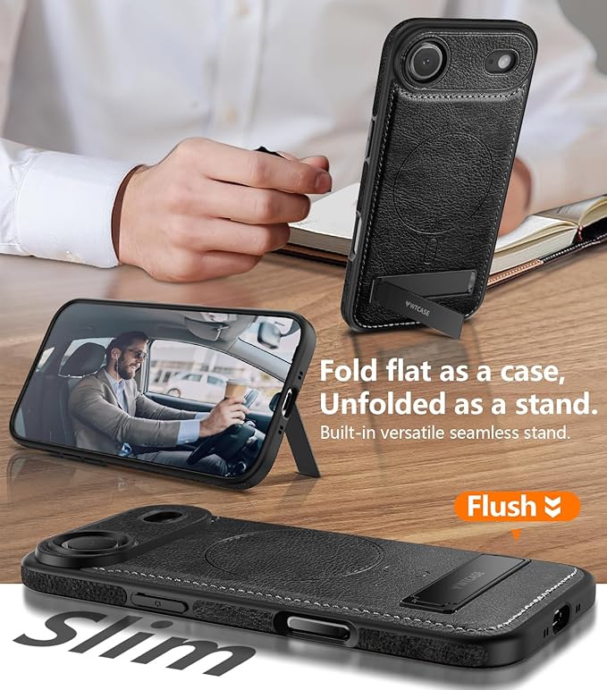 Magnetic for iPhone Air Leather Case,Built-in Invisible Stand [Compatible with Magsafe] Protective Slim Kickstand Phone Cover for iPhone Air Case, Black