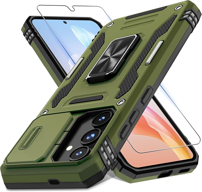 DEERLAMN Case for Samsung Galaxy S25 FE 6.7-Inch with Slide Camera Cover+Screen Protector(1 Pack), Rotated Ring Kickstand Military Grade Shockproof Protective Cover-Olive Green