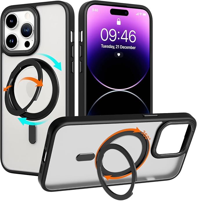 ZIYE Magnetic Case for iPhone 14 Pro Case with Stand [Compatible with MagSafe] Slim Shockproof Military Grade Heavy Duty Cover with 360 Rotatable Ring Kickstand for Women Men, Translucent Black