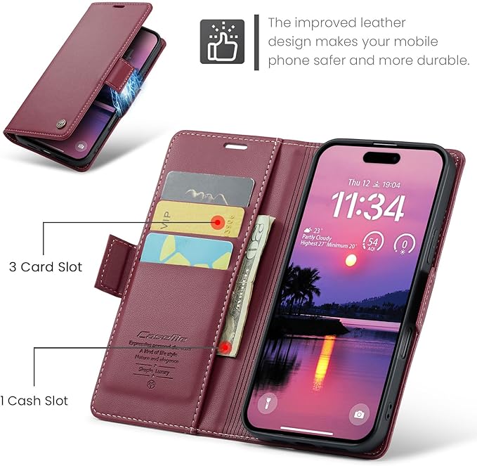 for iPhone 16 Pro Case, Premium PU Leather Wallet Case Flip Cover with [RFID Blocking][Card Holder][Stand Function] Shockproof Protective for iPhone 16 Pro 6.3", Red