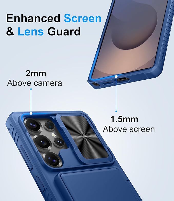 for Samsung Galaxy S25 Ultra Wallet Case, Card Holder (4-5 Cards), RFID Block, Slide Lens Cover, Military Grade Drop Proof, Hard Heavy Duty Men Women Protective Case for Galaxy S25 Ultra, Blue