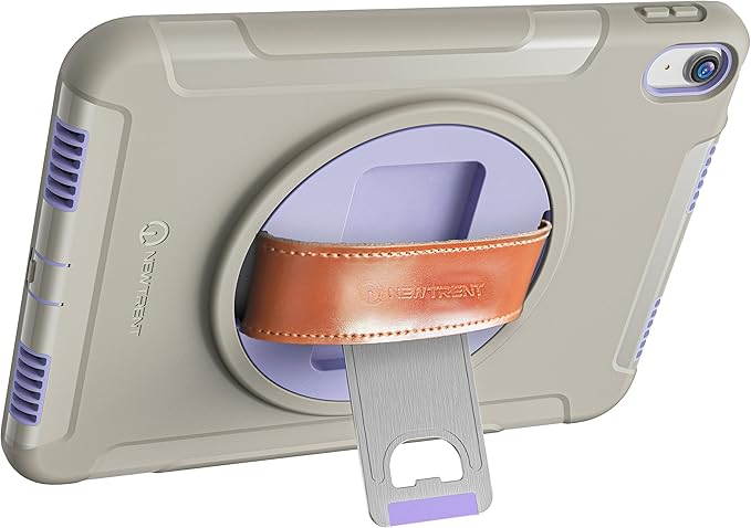 Original Rugged iPad Case for iPad 11 (A16) 11-inch (2025) & iPad 10th Gen 10.9-inch (2022) | 360° Rotating Kickstand, Genuine Leather Hand Strap, Built-in Screen Protector (Purple Grey)