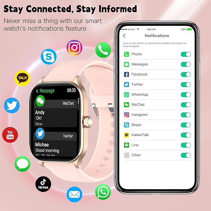 Smart Watch for Women Men(Answer/Make Call), Smartwatches with Heart Rate/SpO2/Sleep/Stress Monitor, IP68 Waterproof Activity Tracker for Android iPhone, 100+ Sports Fitness Watches (Pink, 2.01“)