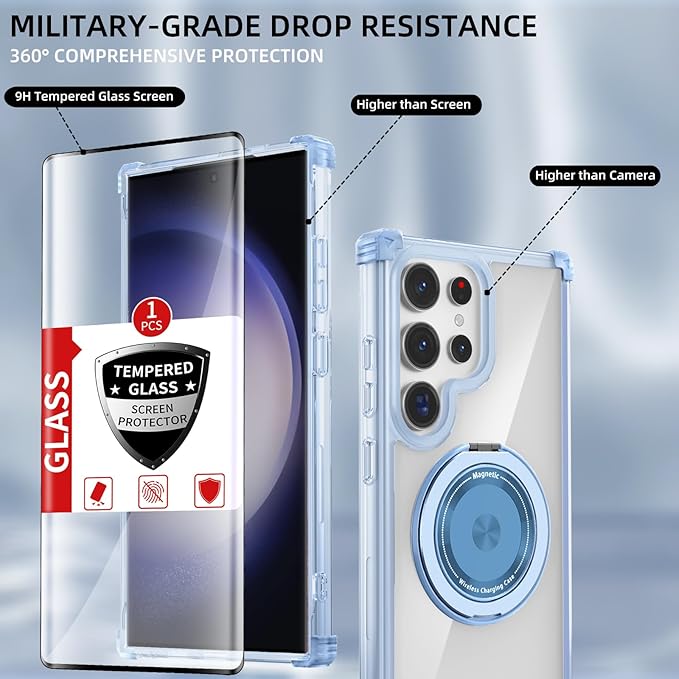 for Samsung Galaxy S23 Ultra Case Compatible Wireless Charging Magnetic,with Screen Protector,for S23Ultra Phone Case with 360°Stand Ring Military Grade Shockproof Heavy Duty Protection Blue