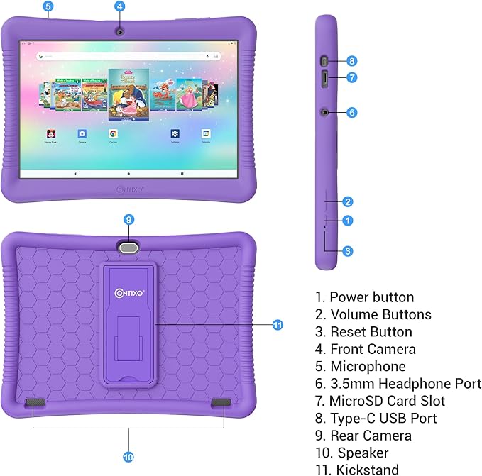 Contixo 10-Inch Kids Tablet - Ages 3-12, 80 Disney eBooks ($350 Value), 32GB Storage, Android, Parental Controls, Silicone Case w/Kickstand, STEM Learning Tablet for Older Kids - Purple
