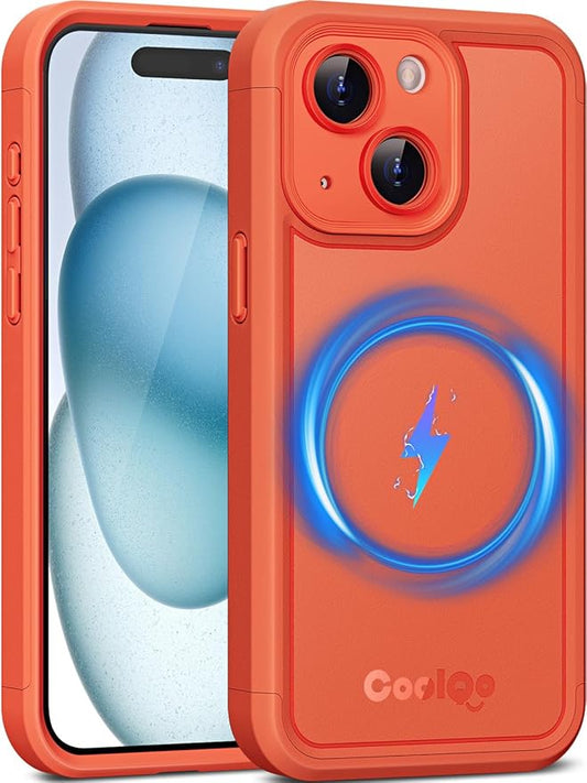 COOLQO Magnetic for iPhone 15 Case, Compatible with MagSafe, Dual Layer Design Military Grade Protection, Translucent Matte Scratch-Resistant Back Protective Shockproof Phone Case, Orange