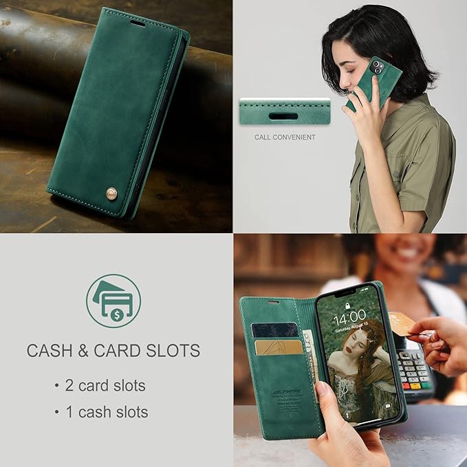 QLTYPRI Case for iPhone 14, Vintage PU Leather Wallet Case Card Slot Kickstand Magnetic Closure Shockproof Flip Folio Book Case Cover for iPhone 14(6.1 inch) - Dark Green