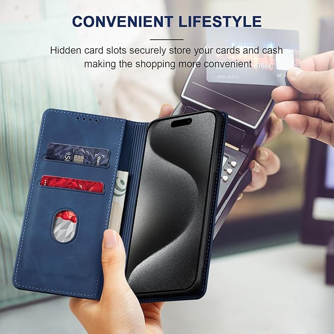 Jasonyu Flip Wallet Case for iPhone 15 Pro Max,Leather Magnetic Folio Cover with Card Holder,Kickstand - TPU Shockproof Durable Protective Phone Case,Blue