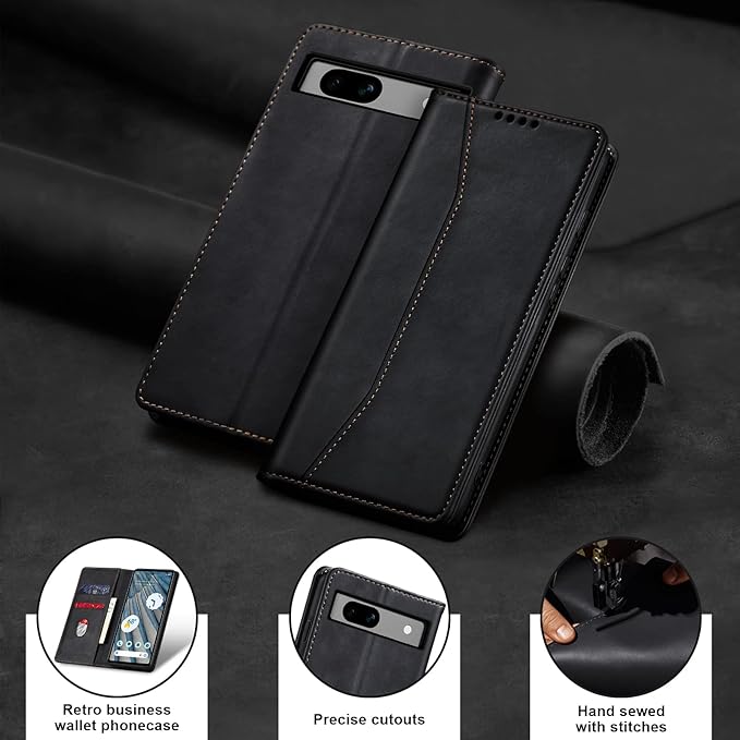 Jasonyu Flip Wallet Case for Google Pixel 7A,Leather Magnetic Folio Cover with Card Holder,Kickstand - TPU Shockproof Durable Protective Phone Case,Black