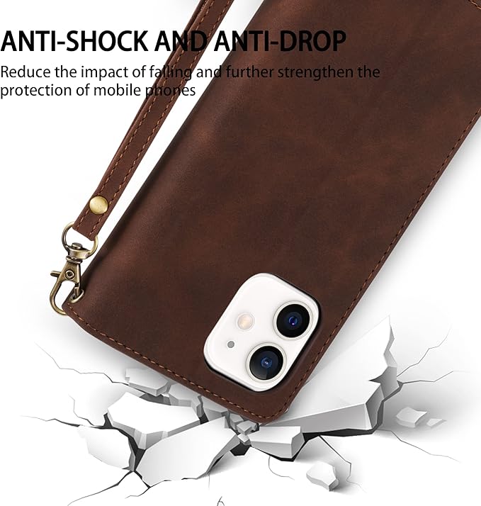 ZZXX for iPhone 12 Mini Wallet Case with Card Slot Premium Soft PU Leather Zipper Flip Folio Wallet with Wrist Strap Kickstand Protective for iPhone 12 Mini Case Wallet(Coffee 5.4 inch)