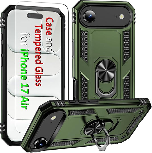 ADDIT Compatible with iPhone 17 Air Case with Tempered Glass Screen Protector, Adjustable Kickstand Ring, Military-Grade Heavy Duty Protection, Shockproof, Anti-Fingerprint,ArmyGreen