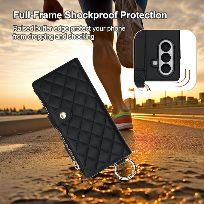 KIHUWEY for Galaxy Z Fold 7 Wallet Case with Card Holder Premium Leather Magnetic RFID Blocking Shockproof Zipper Wrist Strap Lanyard Cover for Samsung Galaxy Z Fold 7 8.0 Inch (Black)