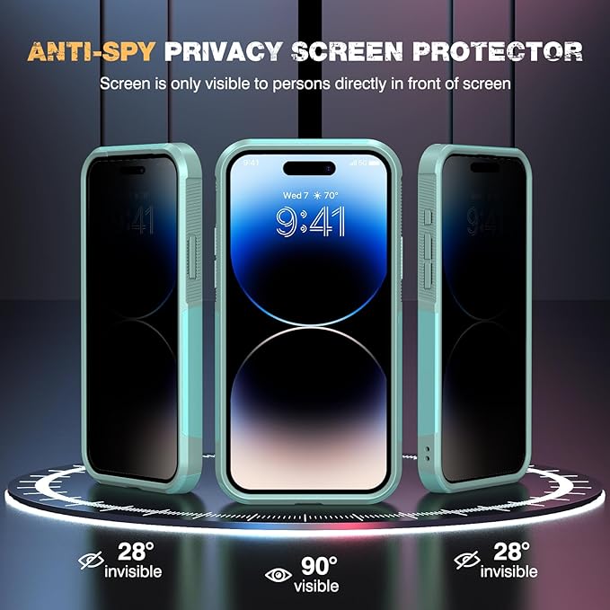 Diaclara Designed for iPhone 14 Pro Max Case, [with Privacy Screen Protector] [Anti Spy] [Military Grade Drop Protection] Heavy Duty Full-Body Shockproof Phone Case, Mint Green