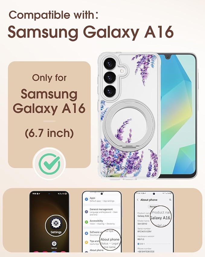 for Samsung Galaxy A16 4G/5G Case with 360° Rotatable Magnetic Ring - Semi-Transparent Anti-Fingerprint Soft-Touch Material Shockproof, Cute Purple Floral Design for Women Girl