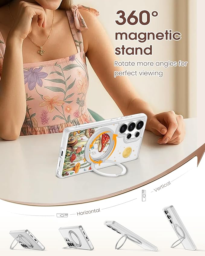 for Samsung Galaxy S25 Ultra Case with 360° Rotatable Magnetic Ring - Compatible with MagSafe, Semi-Transparent Soft-Touch Material Shockproof, Cute Mushroom & Butterfly Design for Women Girl