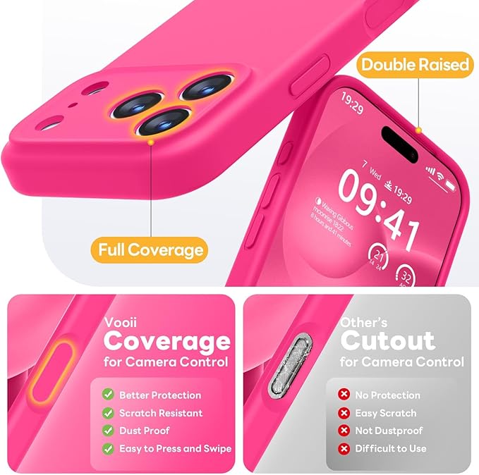 Vooii Magnetic Compatible with iPhone 17 Pro Case (Compatible with Magsafe) (Upgraded Camera Protection) Liquid Silicone Shockproof Full Body Protective Phone Cover for Women Men, Hot Pink, 6.3”