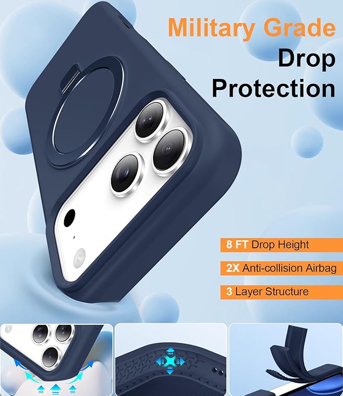 ZHK Liquid Silicone Designed for iPhone 17 Pro Max Case with Magnet Stand, [Precise Camera Lens Protection][Mil-Grade Drop Shockproof][Soft Anti-Scratch Microfiber Lining] Slim Fit Cover, Navy Blue