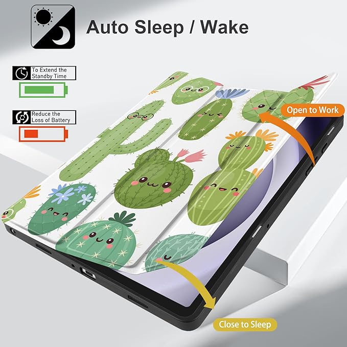 MEEgoodo Case for Samsung Galaxy Tab A9 Plus 11 inch Cover 2024 2023 with S Pen Holder, A9+ Smart Tablet Cases with Leather Trifold Stand+Soft TPU Back Shell+Smart Auto Wake/Sleep, Smiley Cactus