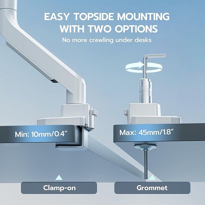 ARES WING Ultrawide Monitor Arm, Heavy Duty Single Monitor Mount for 13"-49" Curved Screens, Adjustable Stand for Desk with C-clamp & Grommet Base up to 40 LBS, White